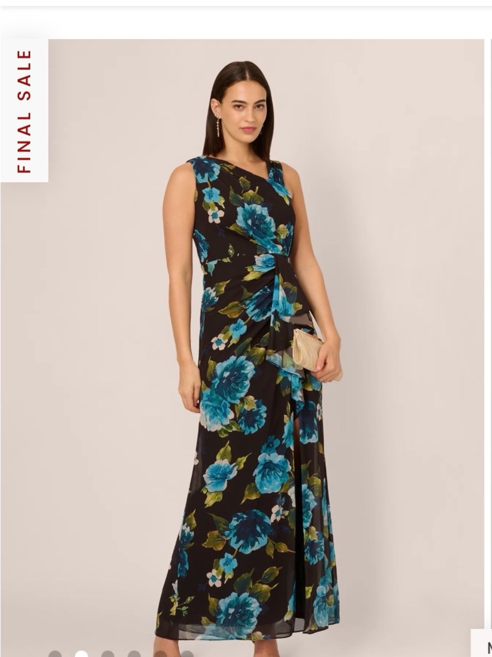 Adrianna Papell Black Floral Asymmetrical Chiffon Gown with Teal Blue Blossoms